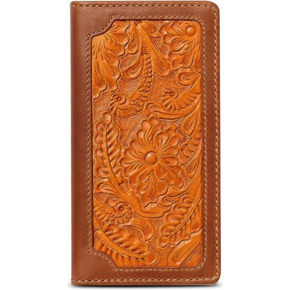 Men's Wallet Long Bifold Hand Tooled Full Grain Leather, Tan